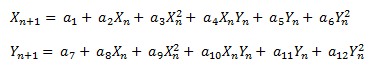 Xn+1 = a1 + a2Xn +a3Xn^2 + a4XnYn + a5Yn + a6Y^2 Yn+1 = a7 + a8Xn + a9Xn^2 + a10XnYn + a11Yn + a12Yn^2